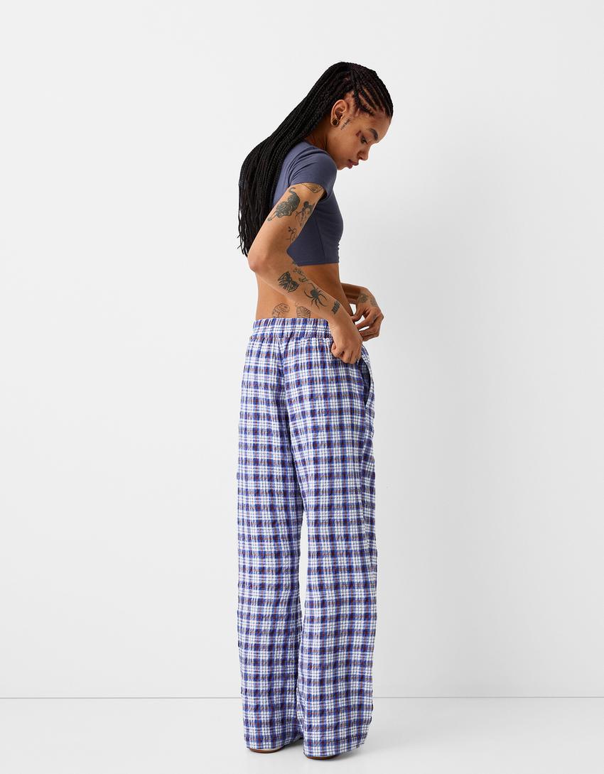 Check wide-leg trousers-Blue-2