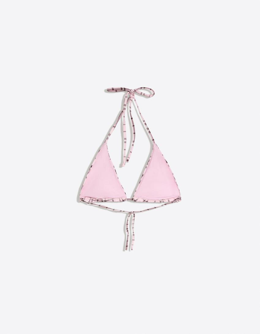Checkered triangle bikini top-Pink