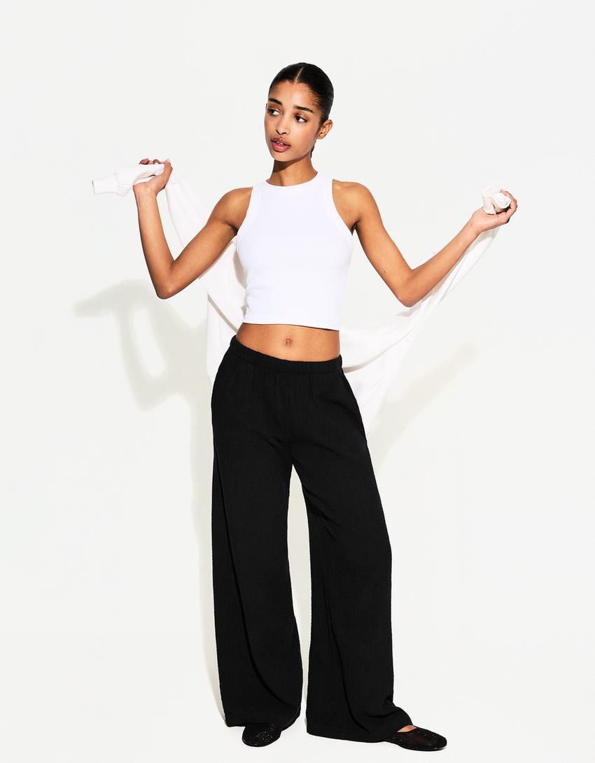Pantalon wide leg rustique double cloth-Noir