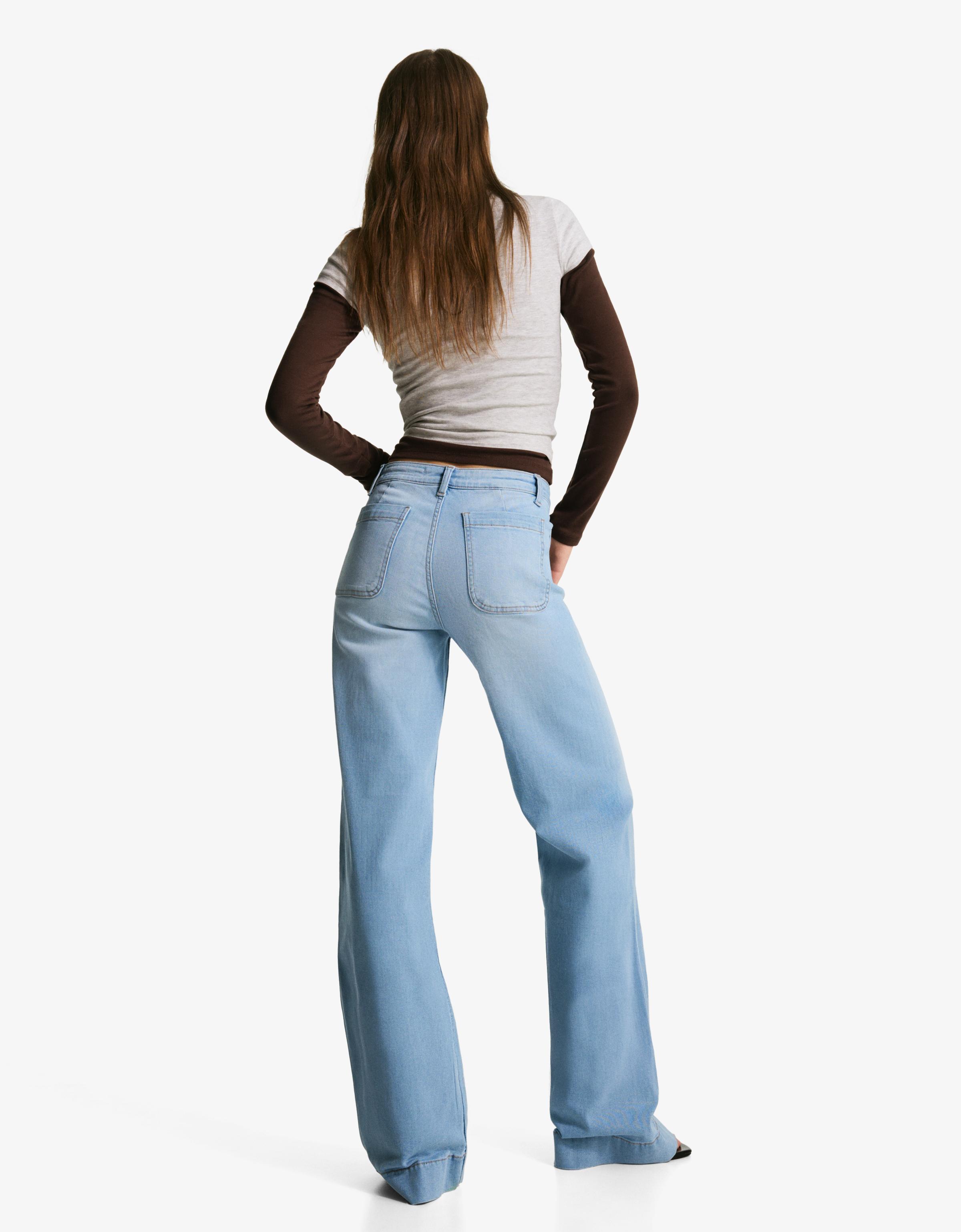 Yüksek bel dikişsiz cepli geniş paça jean - Görsel 54