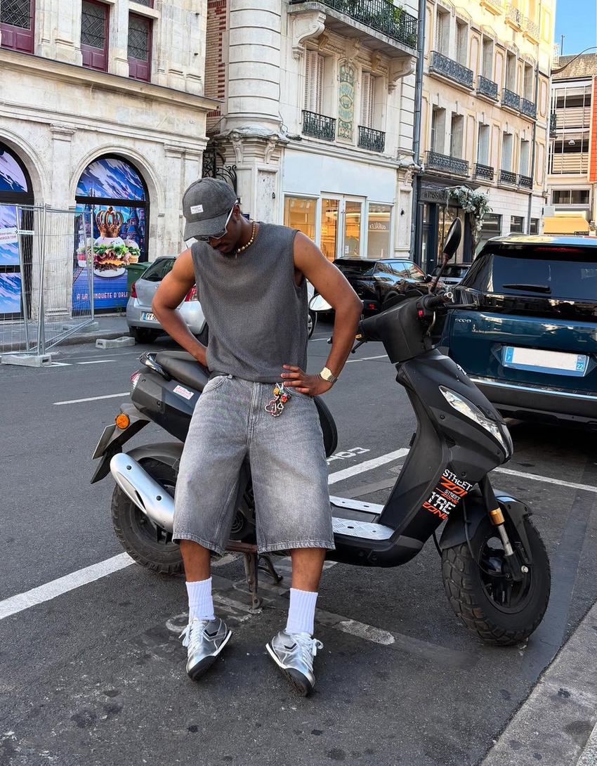 Baggy bermudashorts i dongeri-Grå-3
