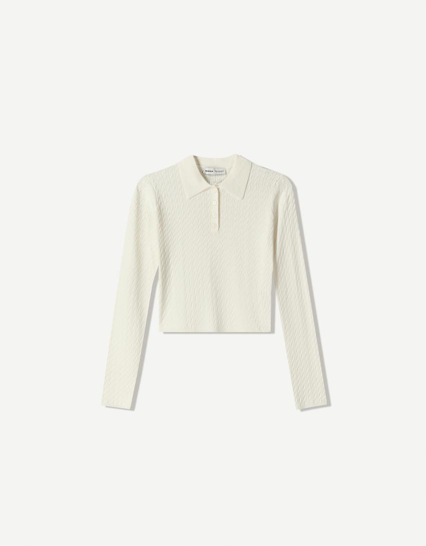 Kabelstickad tröja med tenniskrage-Krämfärgad