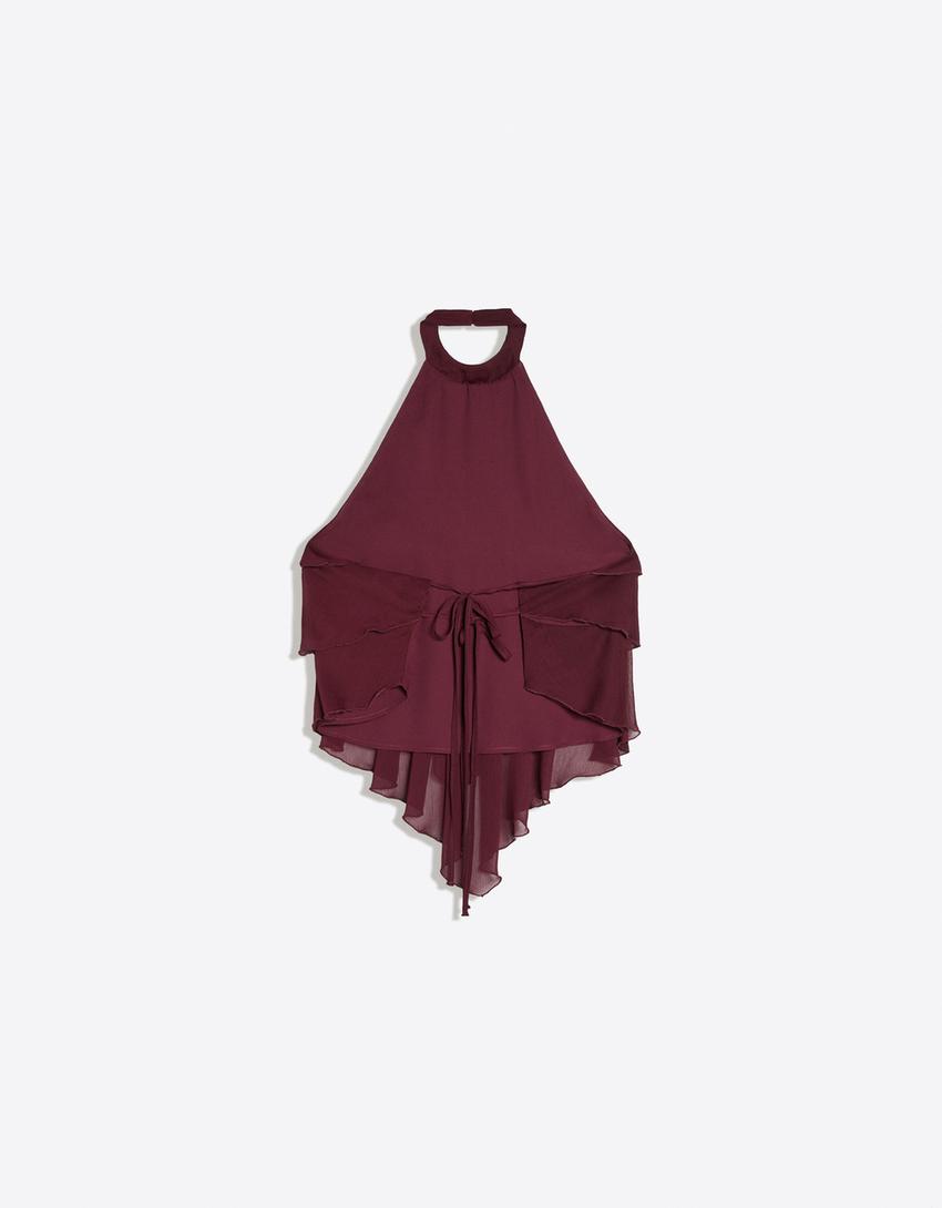 Top halter z falbankami-Rubinowy