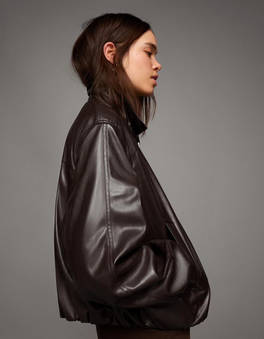 Τζάκετ με όψη δέρματος και μπαλούν μανίκια-Καφέ