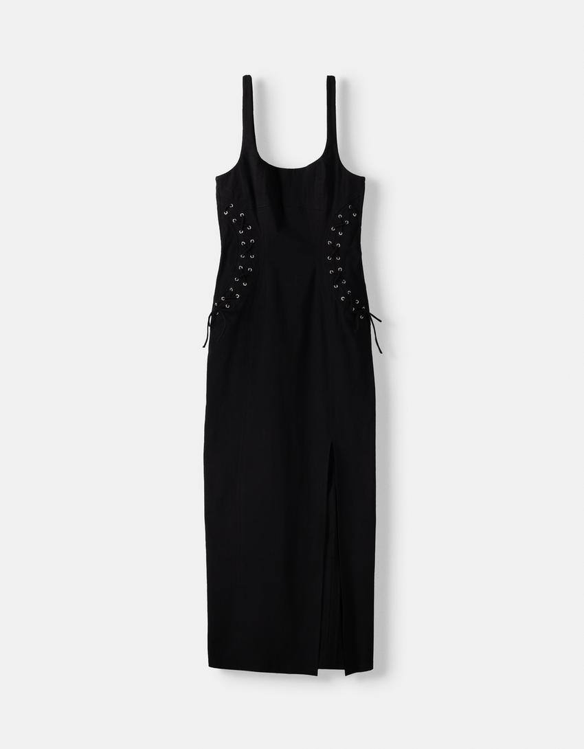 Vestido midi laçada lateral-Preto-5