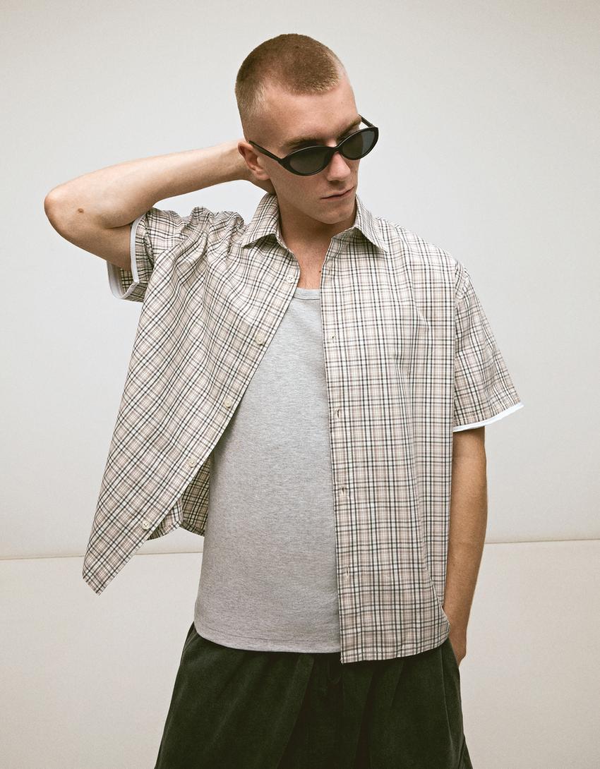 Check short sleeve shirt-Sand