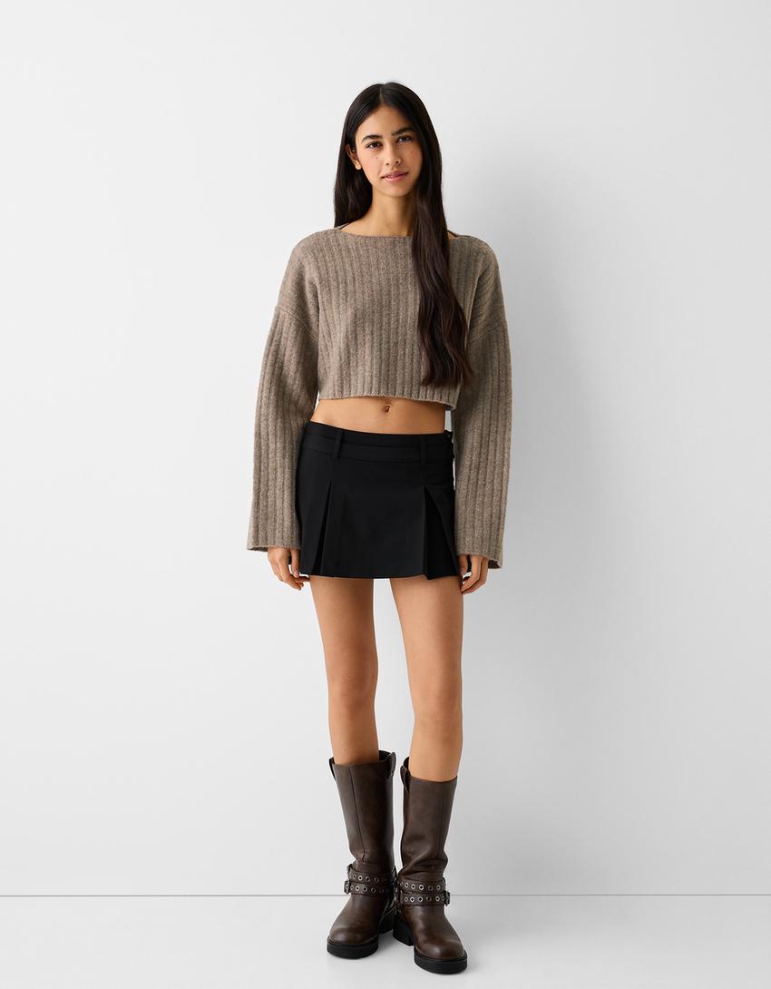 Pull cropped maille bord-côte épaules tombantes-Marron-3