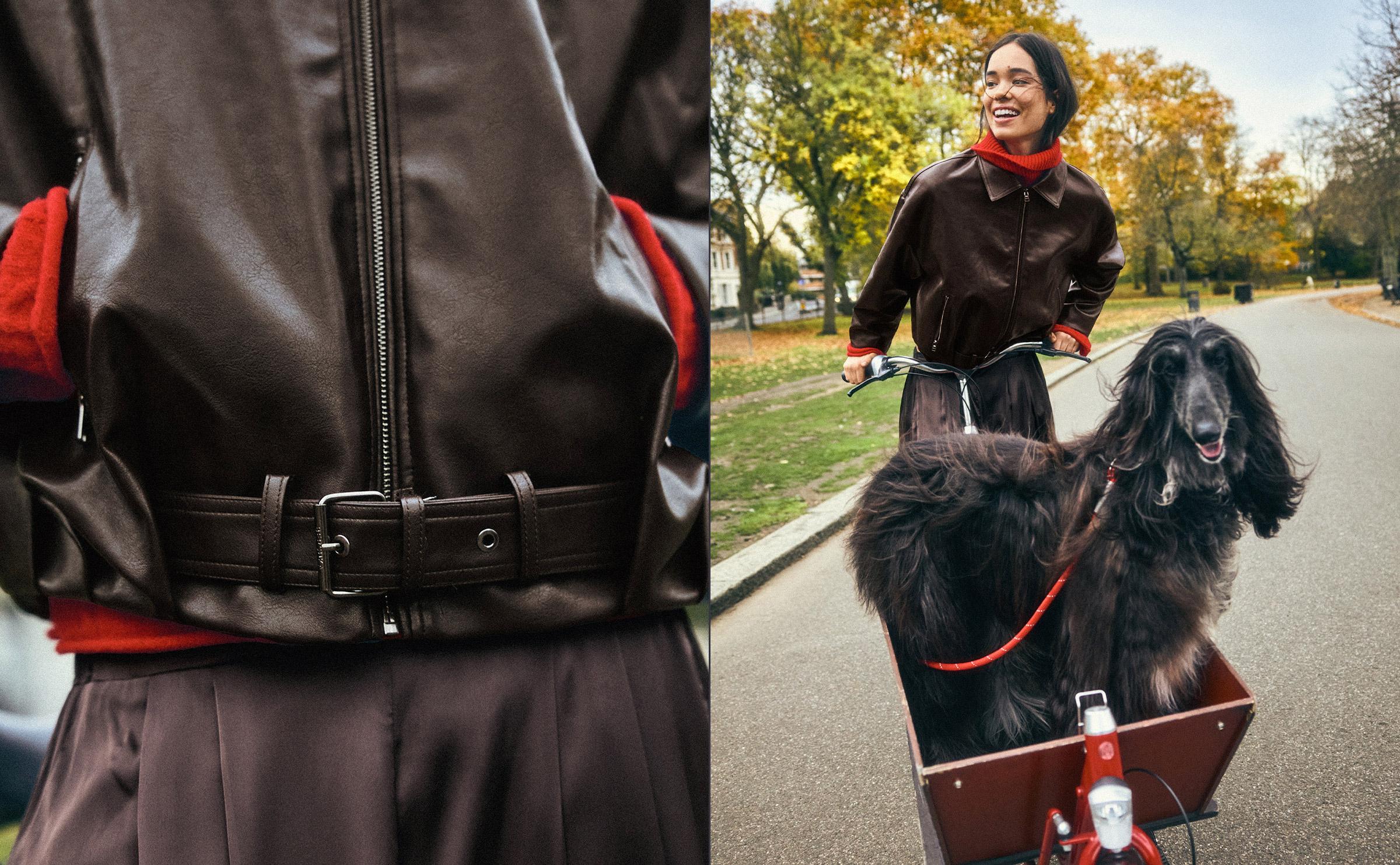 Leather effect bomber jacket with belt — Brown