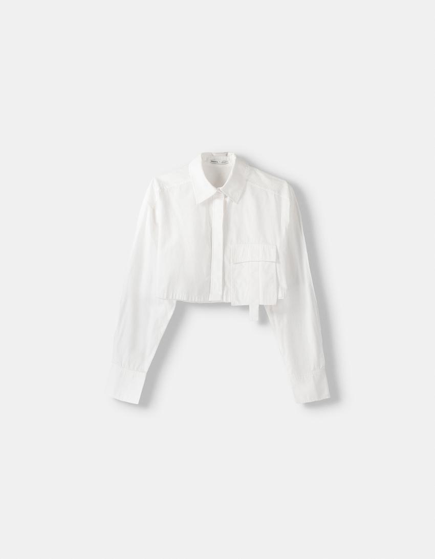Long sleeve cropped poplin shirt with straps-White