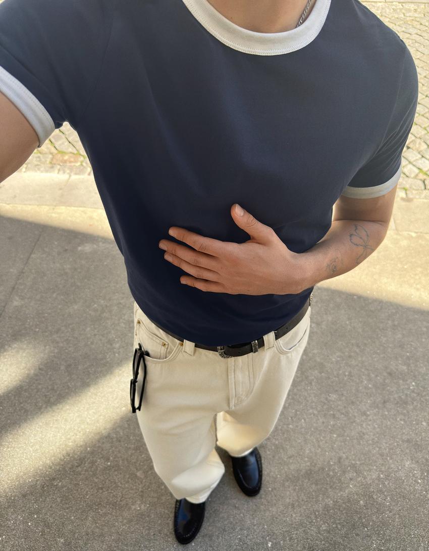 Kısa kollu ribanalı kontrast tişört-Denizci mavisi