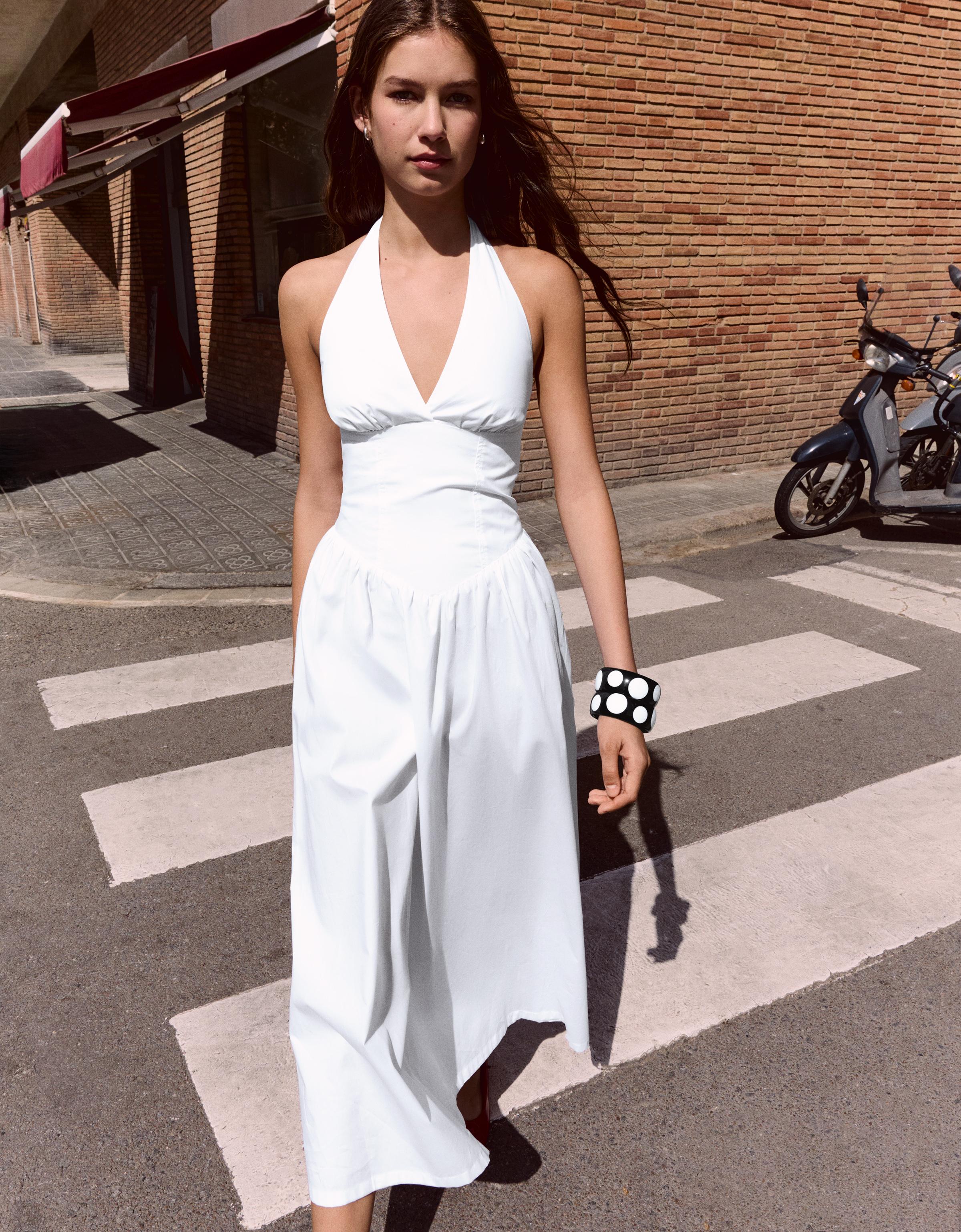 Long halter poplin dress — White