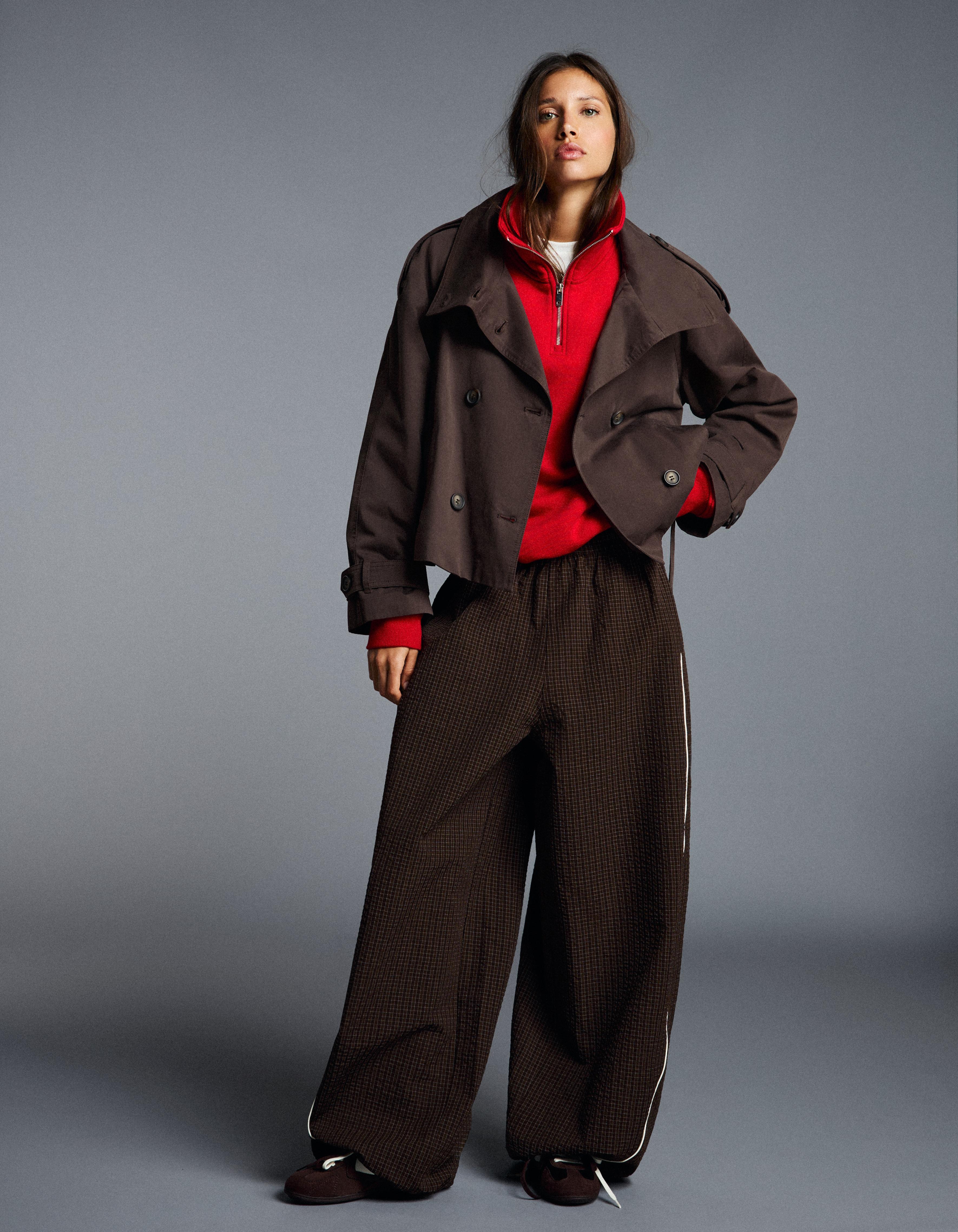 Funnel neck trench jacket — Brown