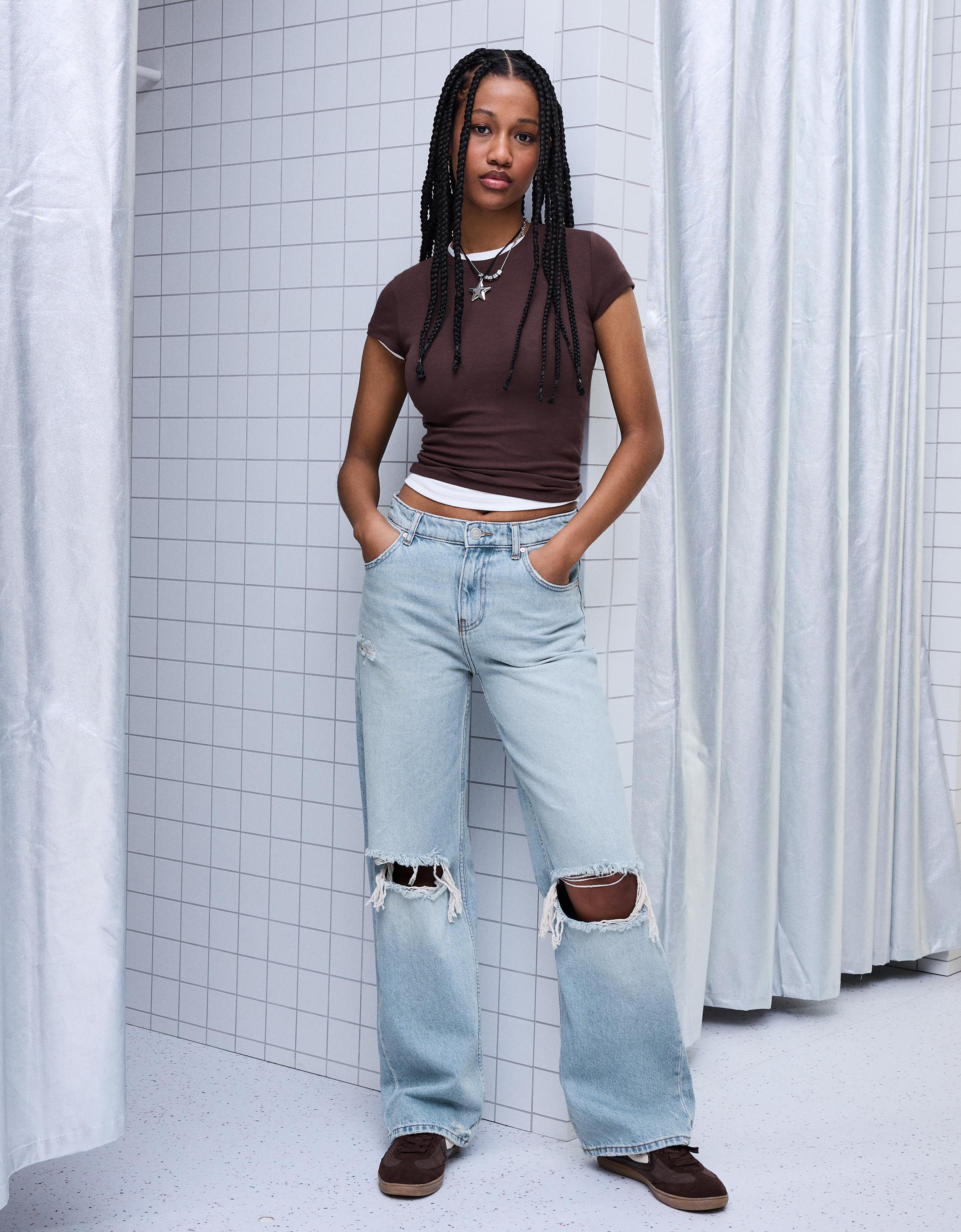 Bershka Yüksek bel distressed geniş paça jean görsel 8
