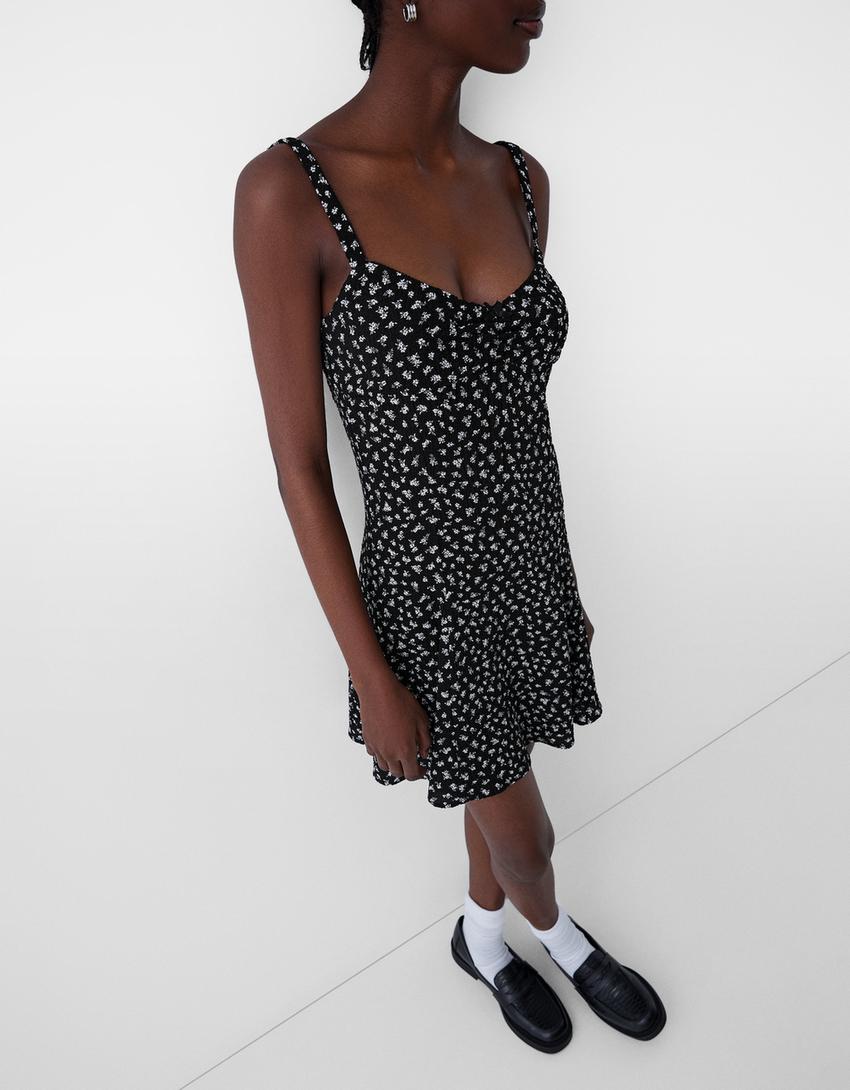 Waffle knit printed mini dress with straps-White / Black-3