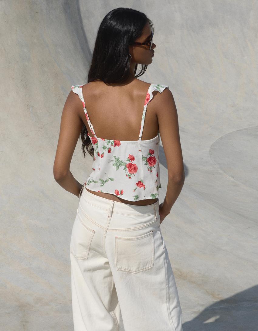 Printed textured strappy top-Multicolored