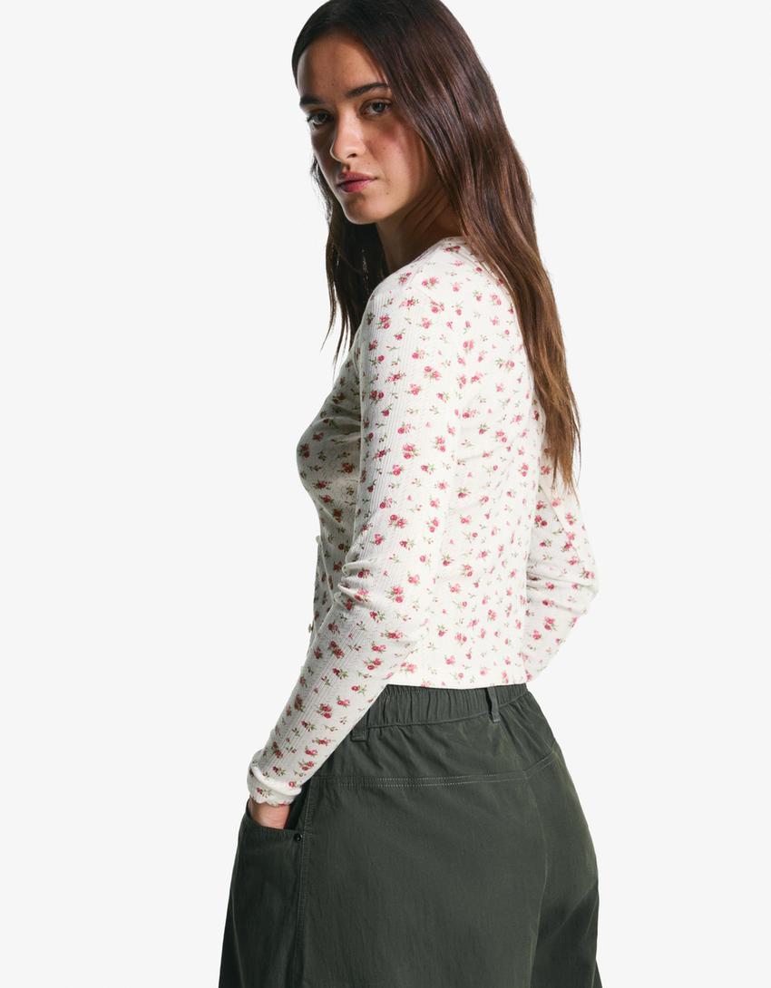 Printed openwork cardigan-Cream-0