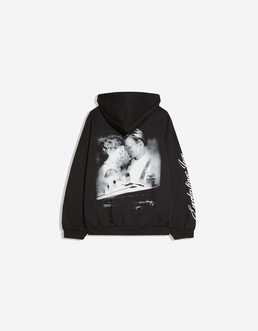 Titanic print hood sweatshirt with hood-Black