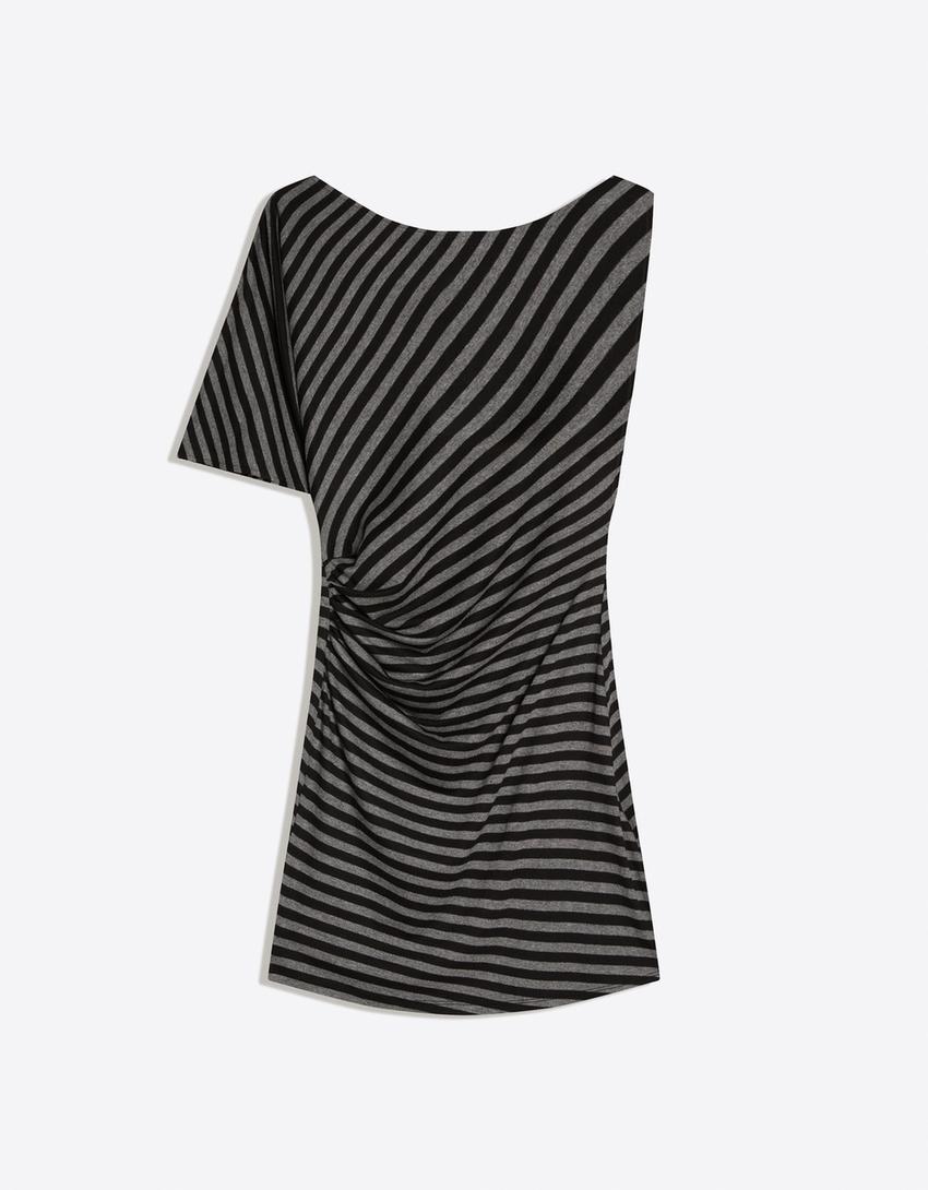 Asymmetric striped mini dress-Grey