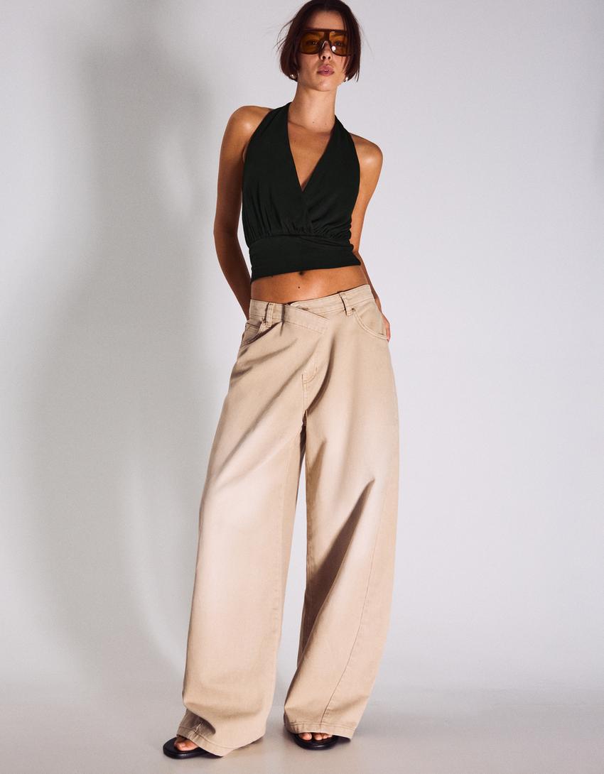 Ruched crossover top with sash-Black