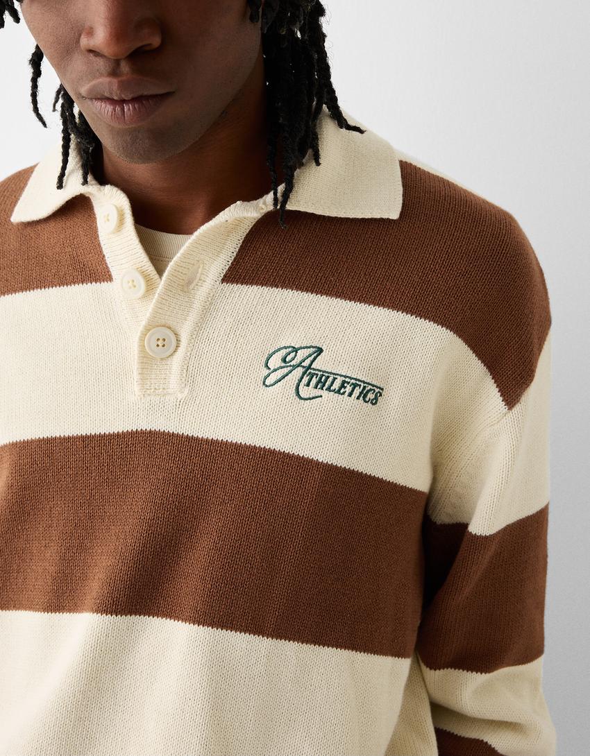 Pull col polo rayures broderie-Marron-5