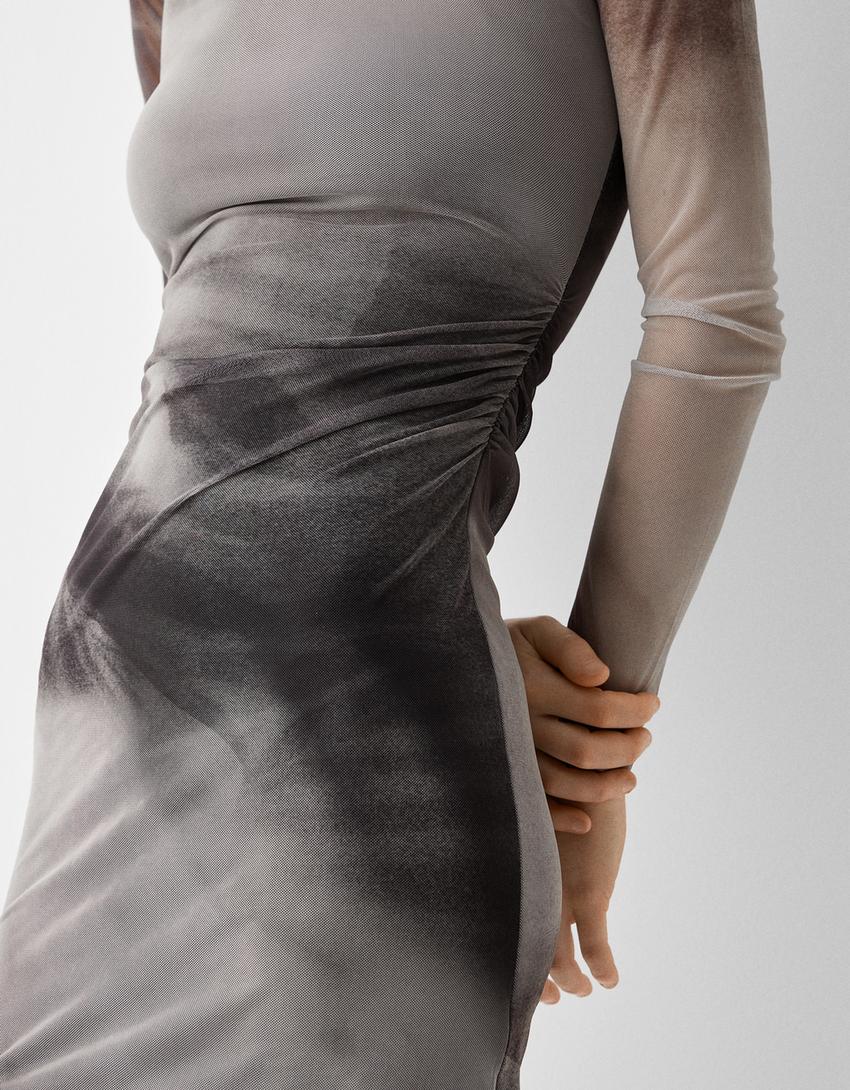 Vestido mini de manga comprida em tule assimétrico com estampado-Cinzento-escuro-5