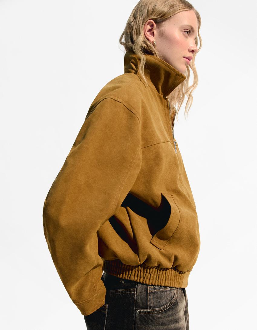 Faux suede trucker jacket-Light Brown-6