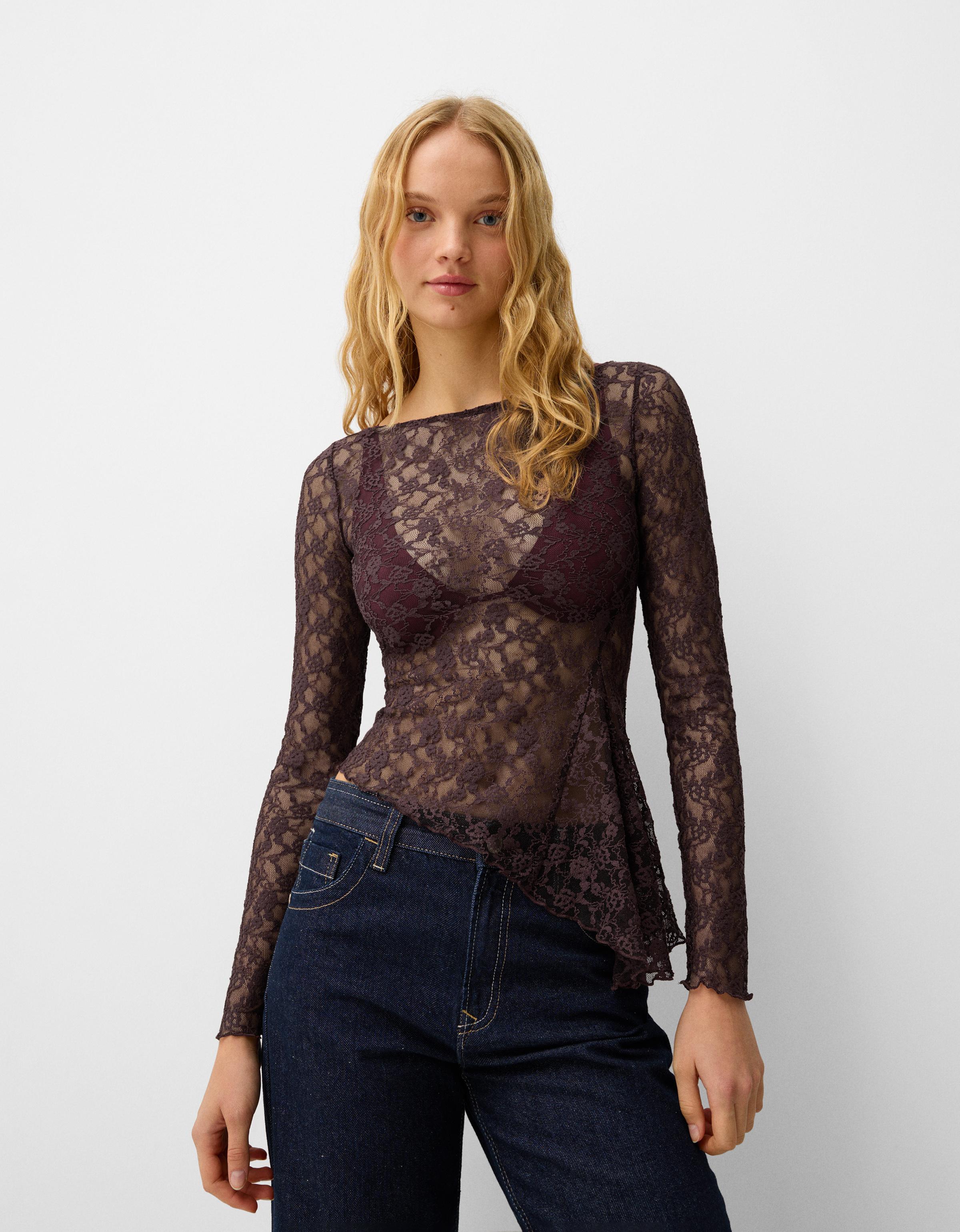 Bershka Langarmshirt Mit Spitzenkante Damen M Violett