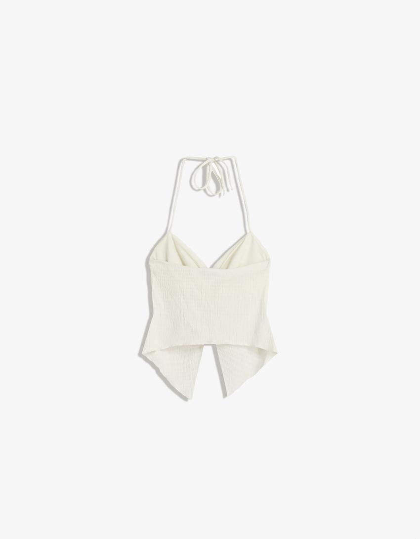 Top halter texturat cu nod-Alb murdar
