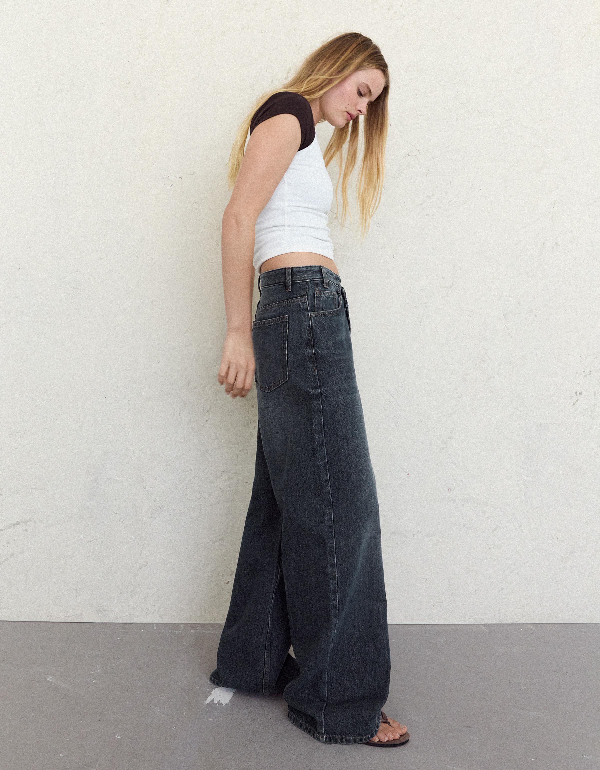 Wide leg jeans with crossover waist — Blue
