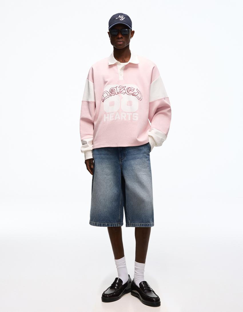 Baskılı uzun kollu polo sweatshirt-Pembe