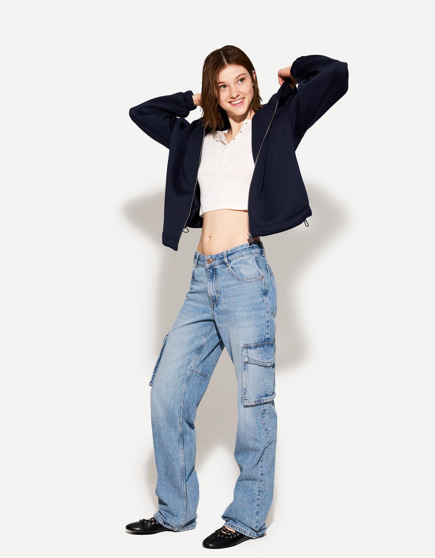 Bershka Cargo-Jeans Im Straight-Fit Damen 34 Ausgewaschenes Blau günstig online kaufen