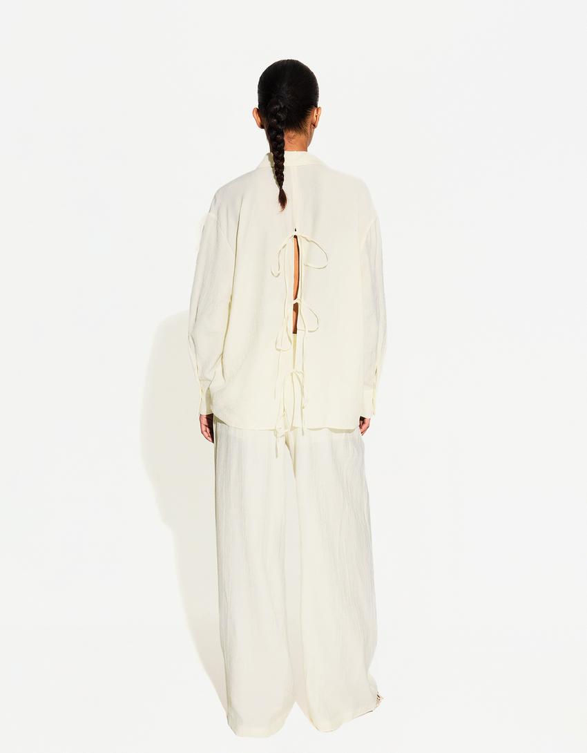 Pantalon wide leg fluide texturé cordon-Écru