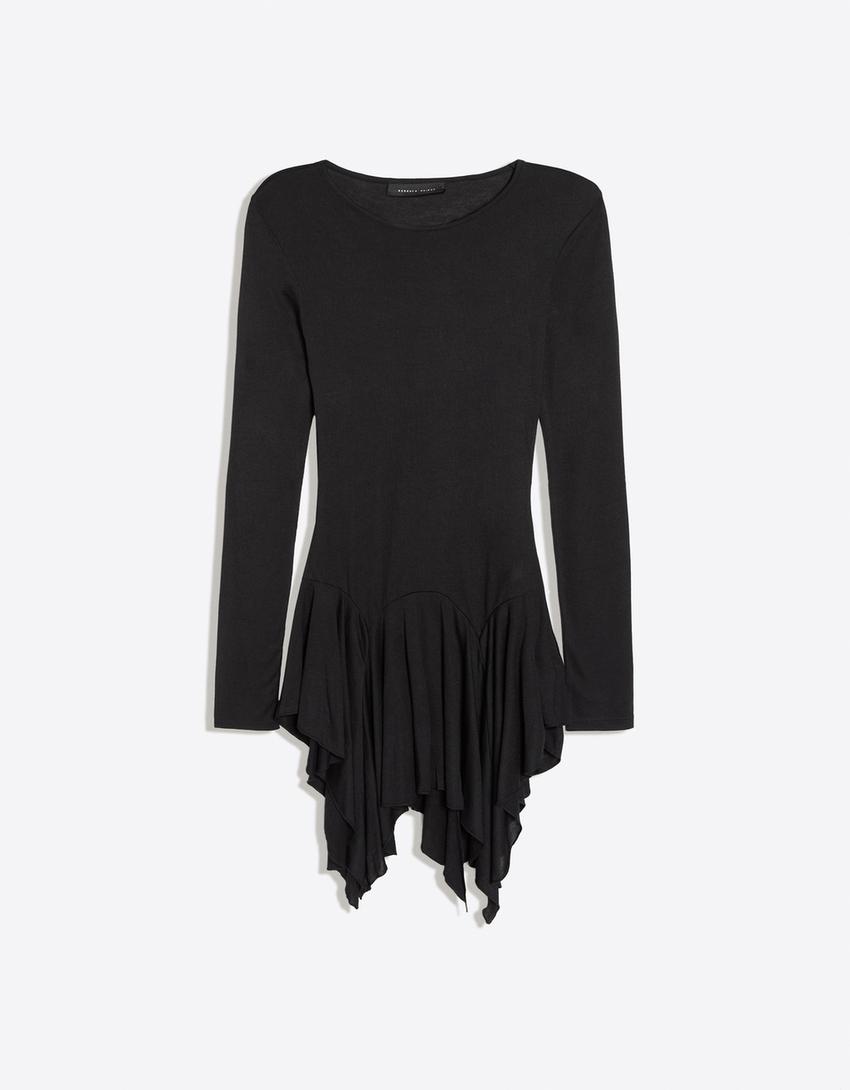 Long sleeve ruffled T-shirt-Black