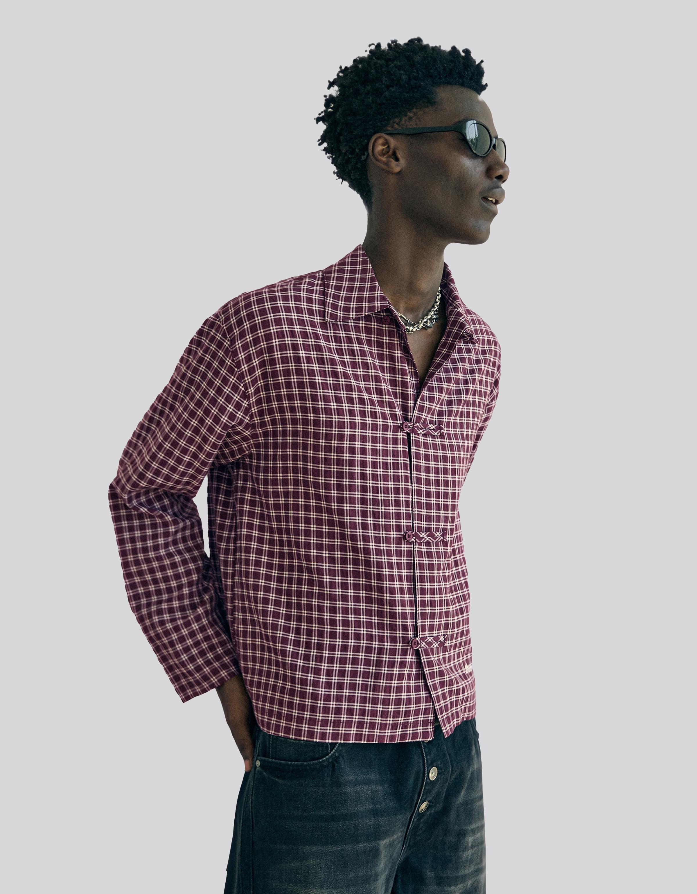 Check long sleeve shirt with clasps — Maroon