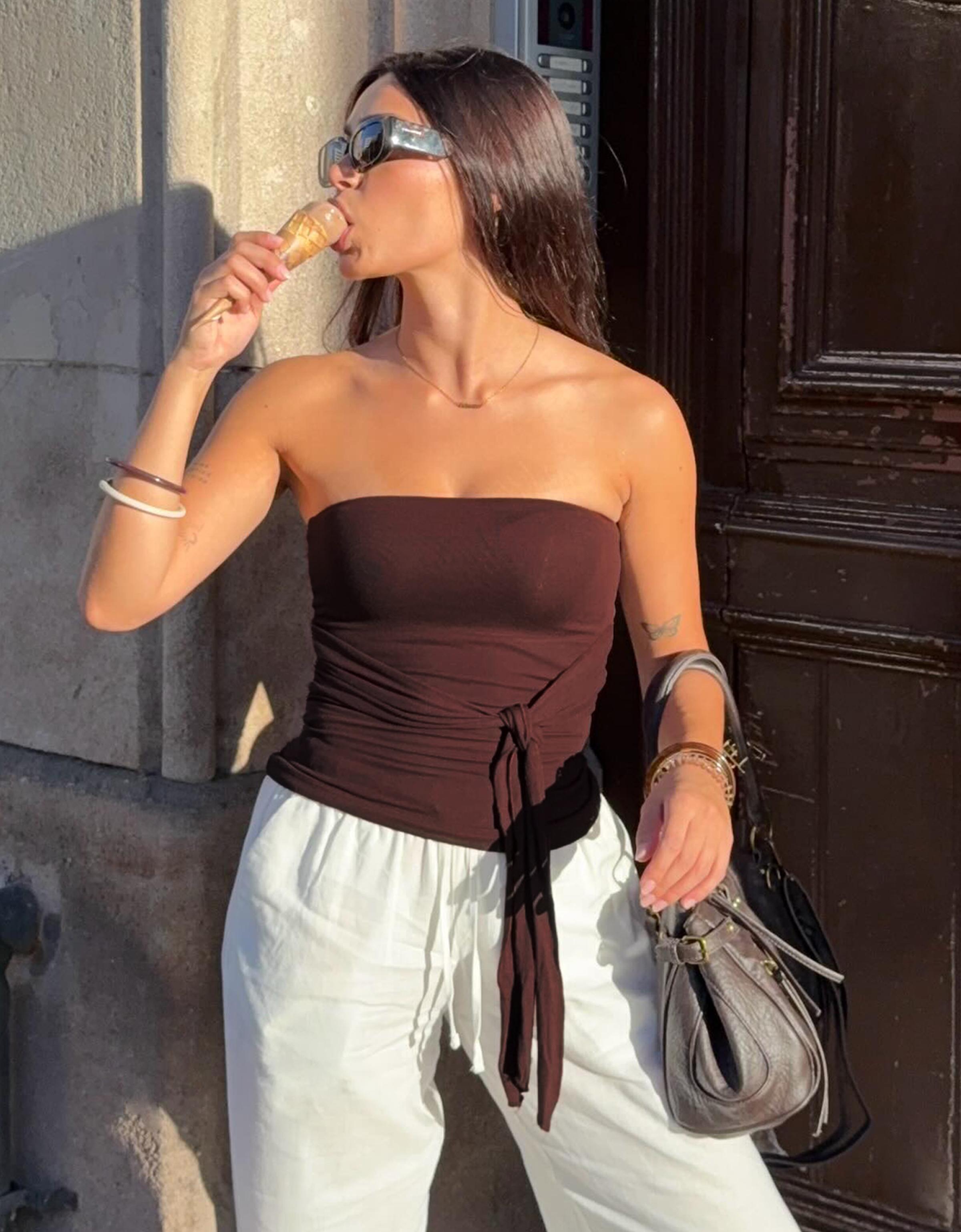 Bandeau top with tie detail — Brown