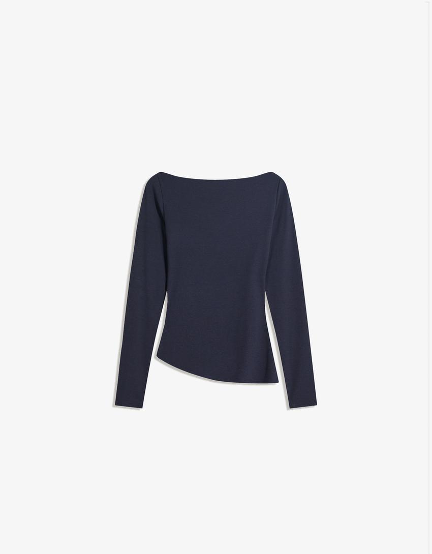 Langærmet, asymmetrisk T-shirt-Marineblå-4