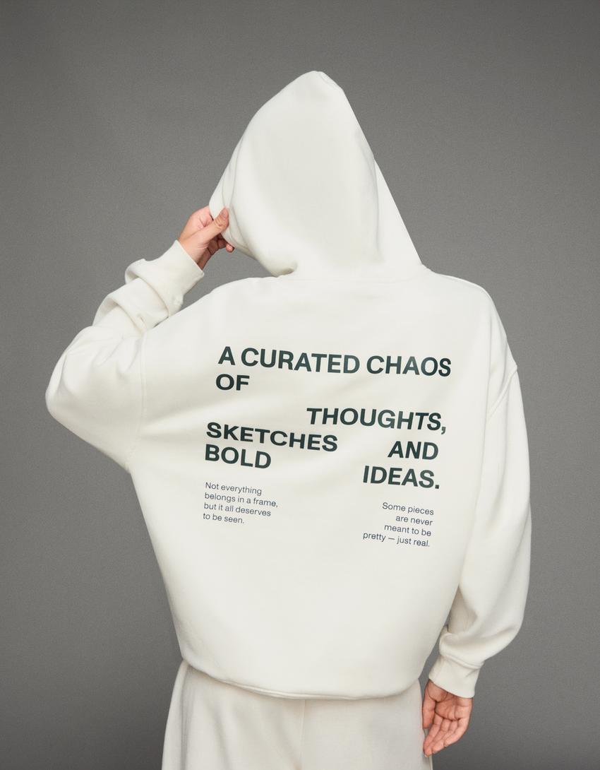 Baskılı kapüşonlu sweatshirt-Kirli beyaz-1