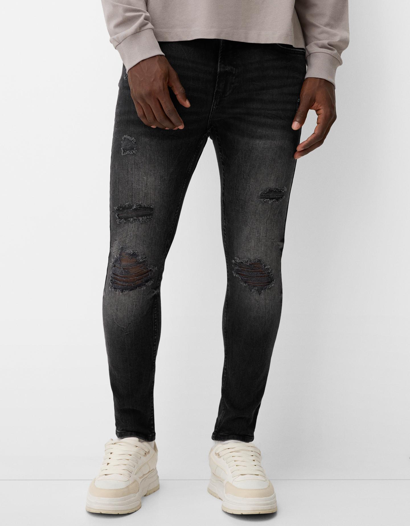 Bershka Jeans Super Skinny Rotos Hombre 48 Negro