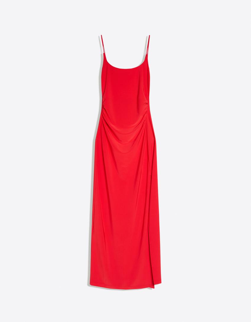 Ruched strap midi dress-Coral