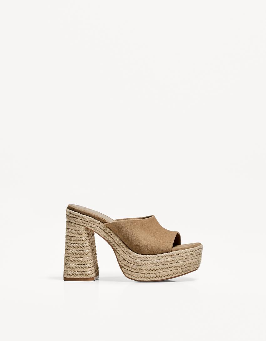 Jute heeled platform sandals-Tan-0