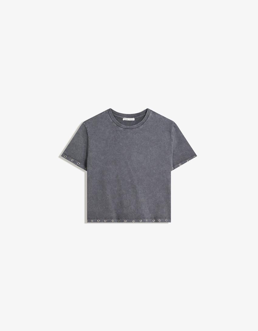 T-shirt à manches courtes à œillets-Gris foncé