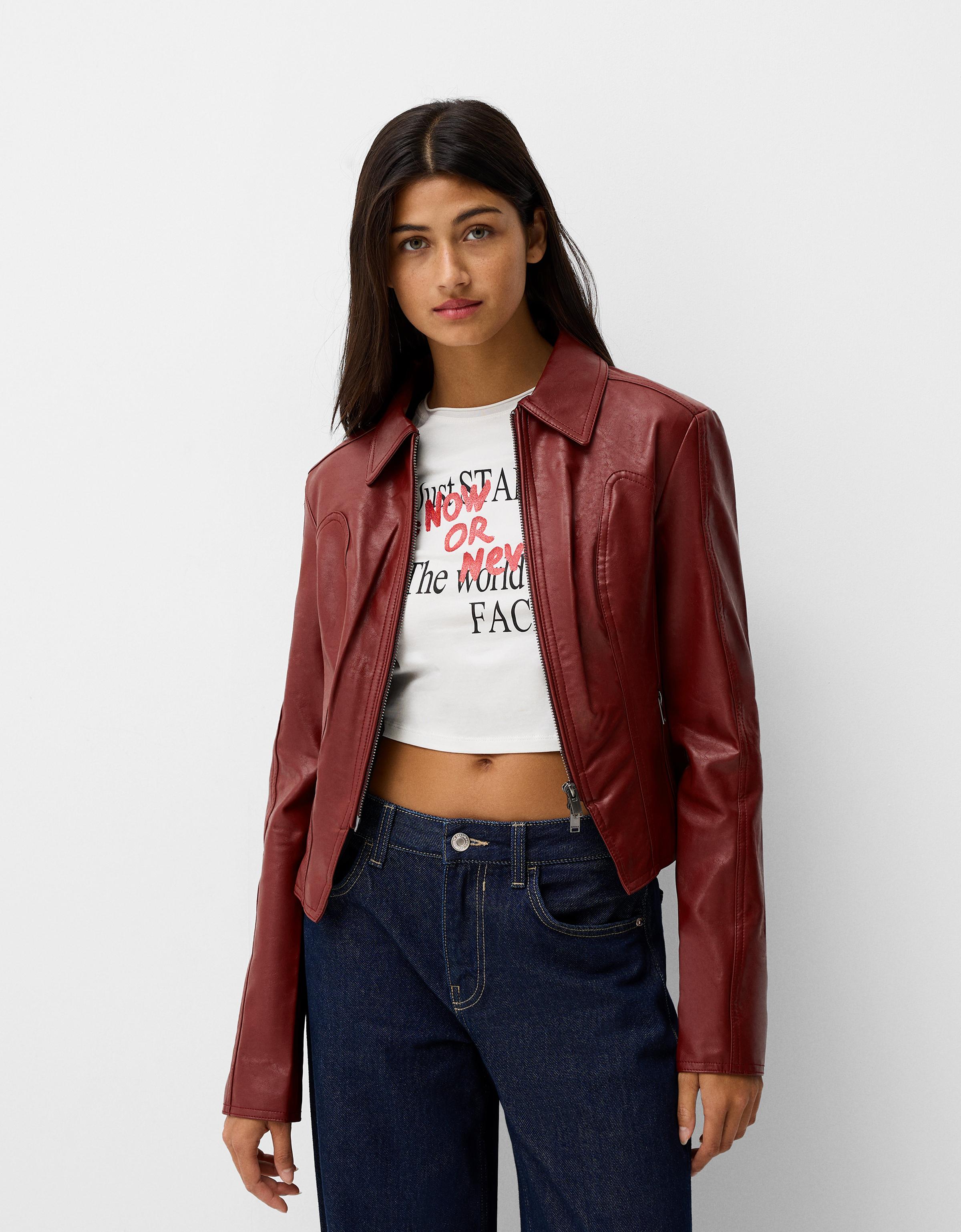 Bershka Kunstlederjacke Damen Xs Weinrot