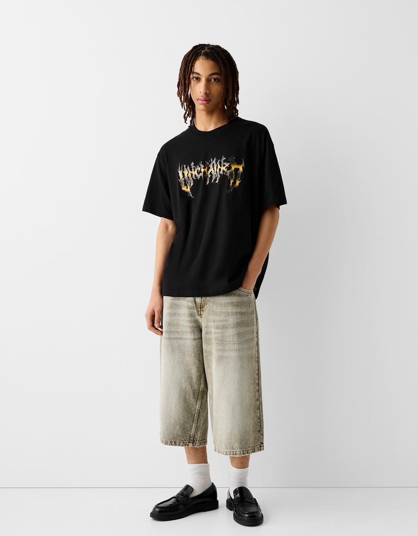 Фланелка с къс ръкав и щампа-Черно-3