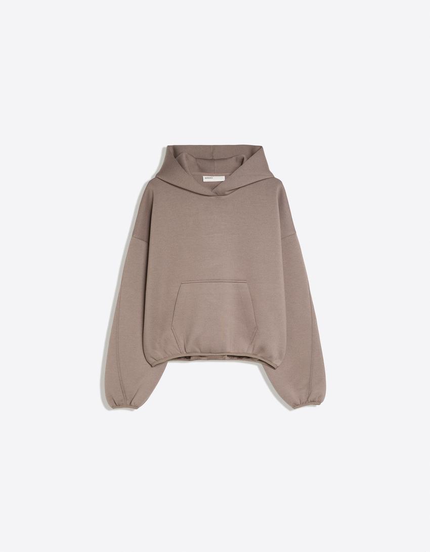 Scuba kumaş kapüşonlu sweatshirt-Kum rengi