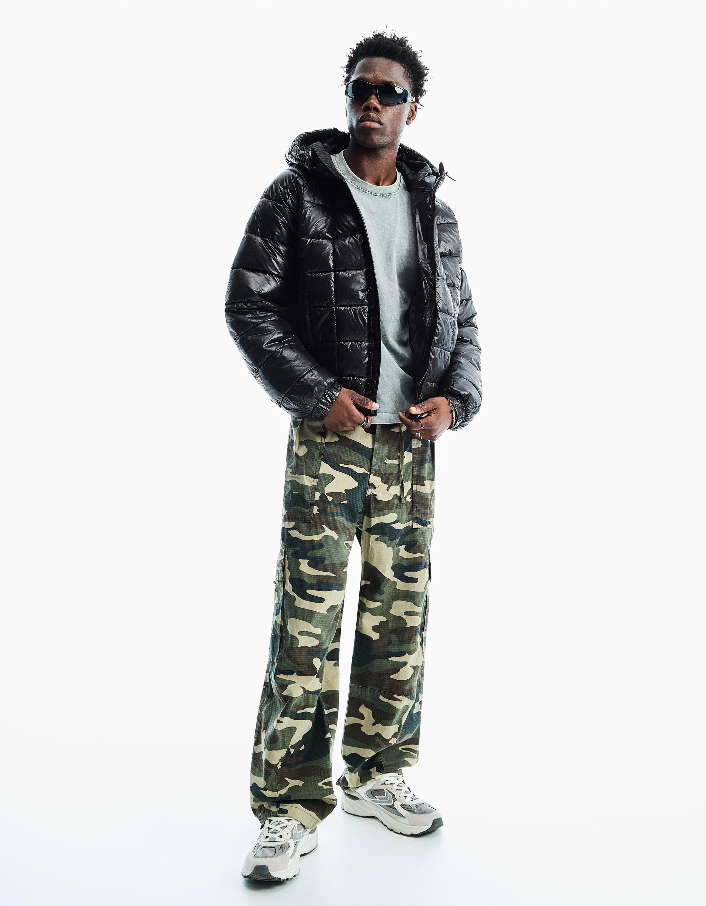 Hooded grid puffer jacket — Black