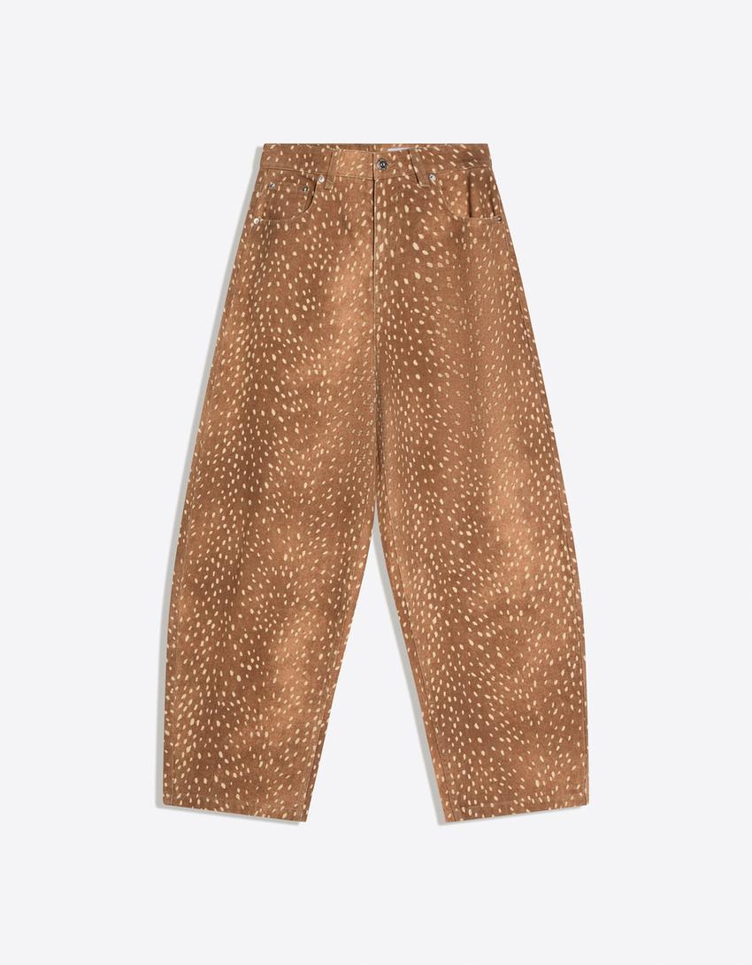 Animal print barrel trousers-Brown
