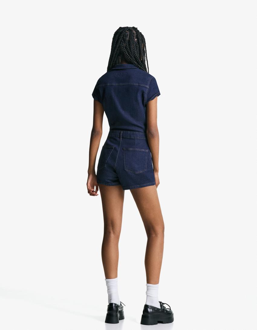 Korte denim jumpsuit-Marineblau-1