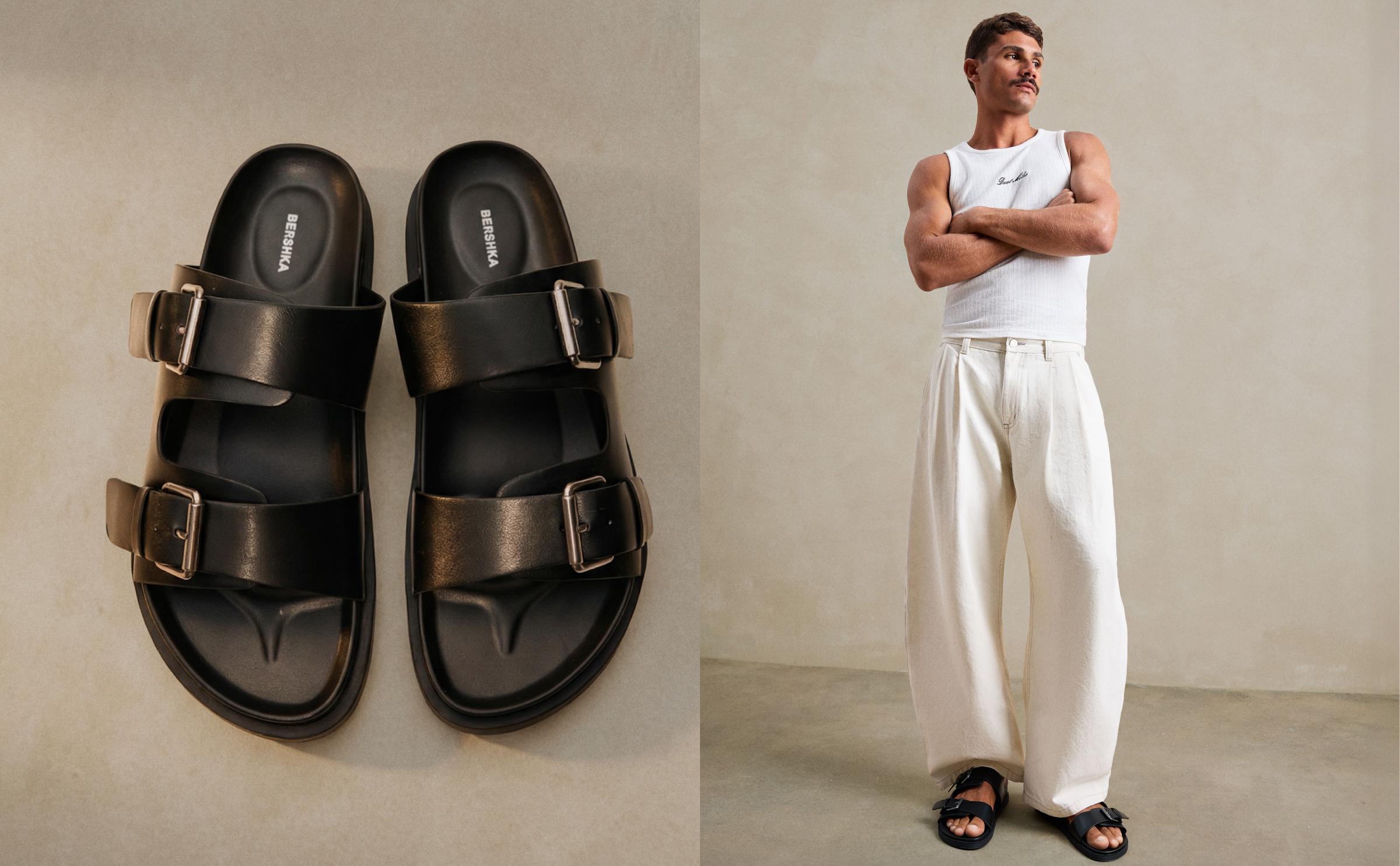 Buckled flat slider sandals — BLACK