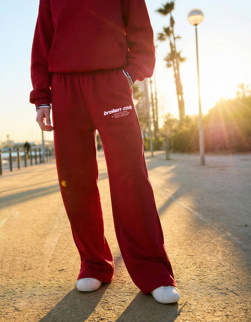 Pantalón felpa wide leg print-Rojo