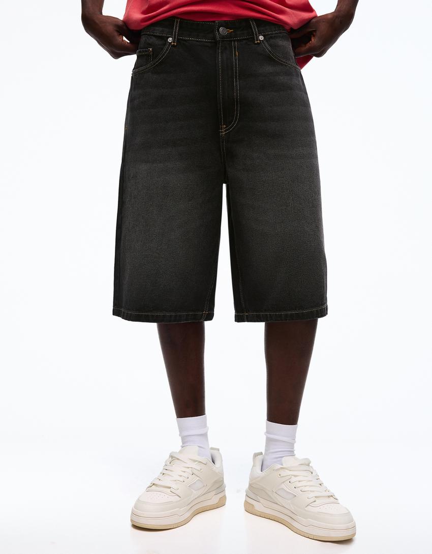 Baggy denim Bermuda shorts-Black